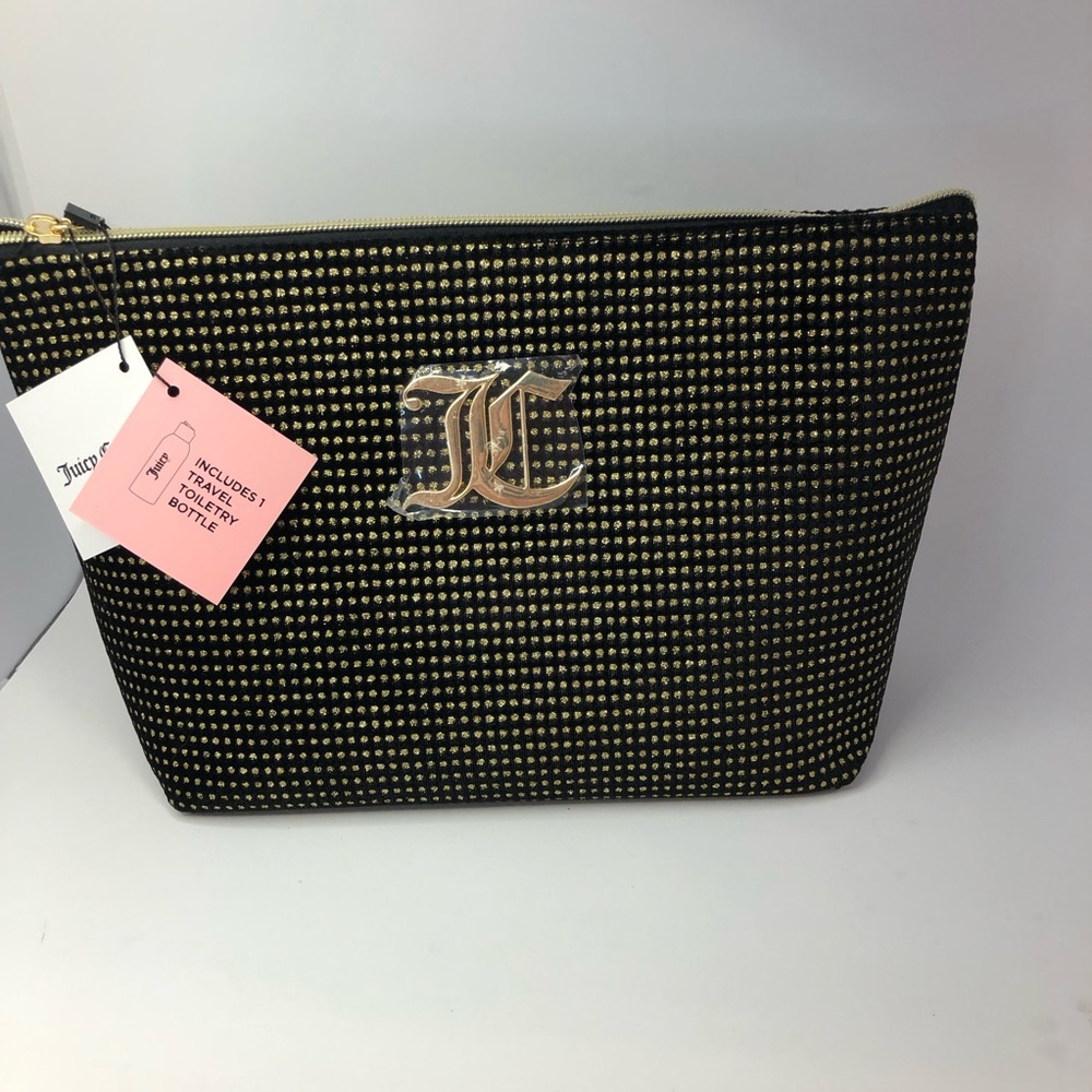 JUICY COUTURE WOMENS NEW PYRAMID BEAUTY BAG COSMETIC TRAVEL MAKE UP GOLD BLACK - Picture 1 of 7
